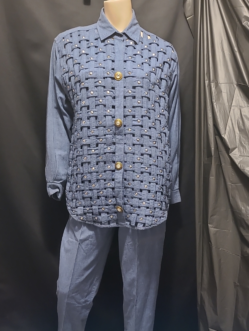 VINTAGE Blue Woven-Detail 3PC PANT SUIT
